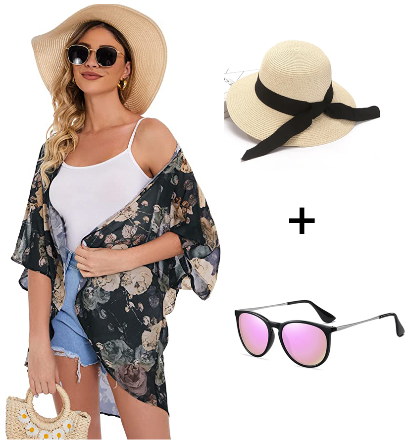 The special 3-piece summer beach set (1 Cardigan + 1 Sunglasses + 1 Wide Brim Straw Weaving Hat)