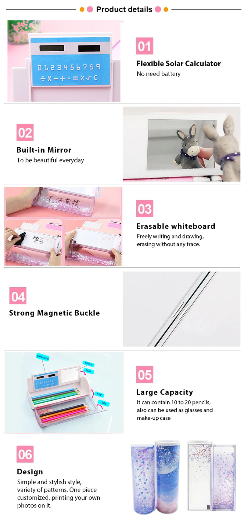 Bleistift Fall Translucent Quicksand Kawaii NBX Solar Taschenrechner Box Schule Supplie