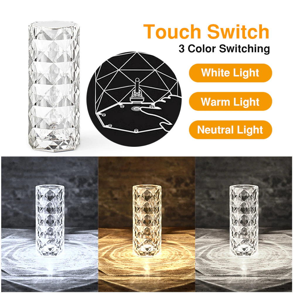 LED Crystal Table Lamp Rose Light Projector 3/16 Colors Touch Adjustable Romantic Diamond Atmosphere Light USB Touch Night Light