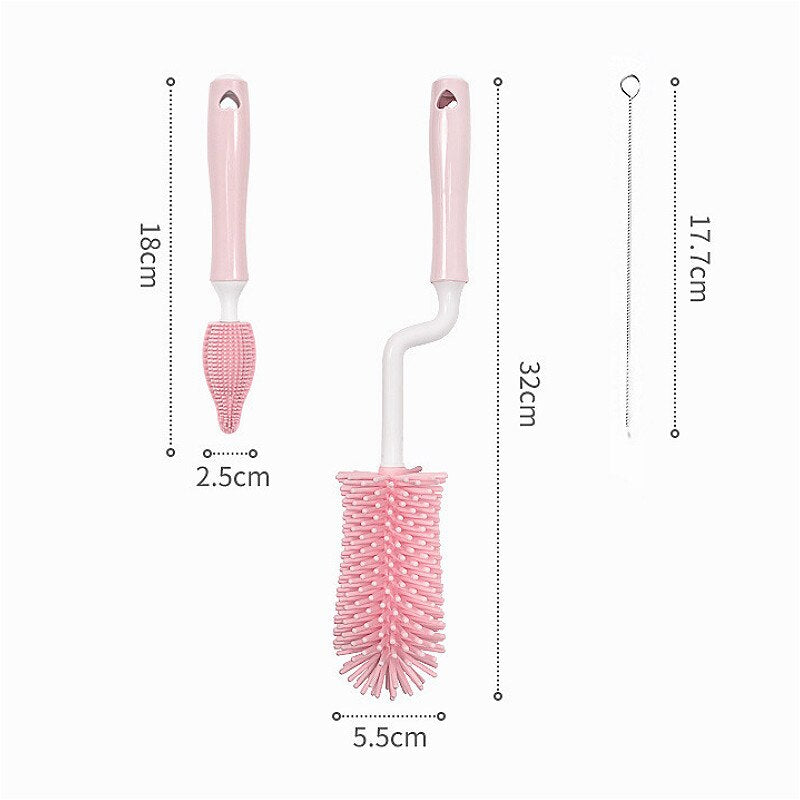 Silicone Bottle Brush 360 Degree Rotation Baby Pacifier Cup Tweezers Nipple Cleaning Brushes Set Handheld Soft Head Food Grade