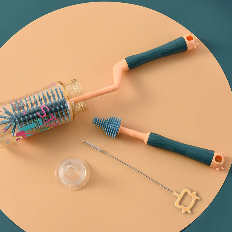 Silicone Bottle Brush 360 Degree Rotation Baby Pacifier Cup Tweezers Nipple Cleaning Brushes Set Handheld Soft Head Food Grade