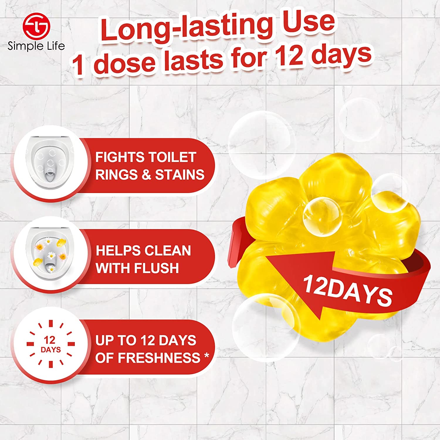 Simple Life Fresh Flower Stamp Toilettengele, Mischpackung, stoppt Kalk und Flecken mit lufterfrischendem Duft, desodorierende Reinigung, 32 Stempel, 4er-Pack