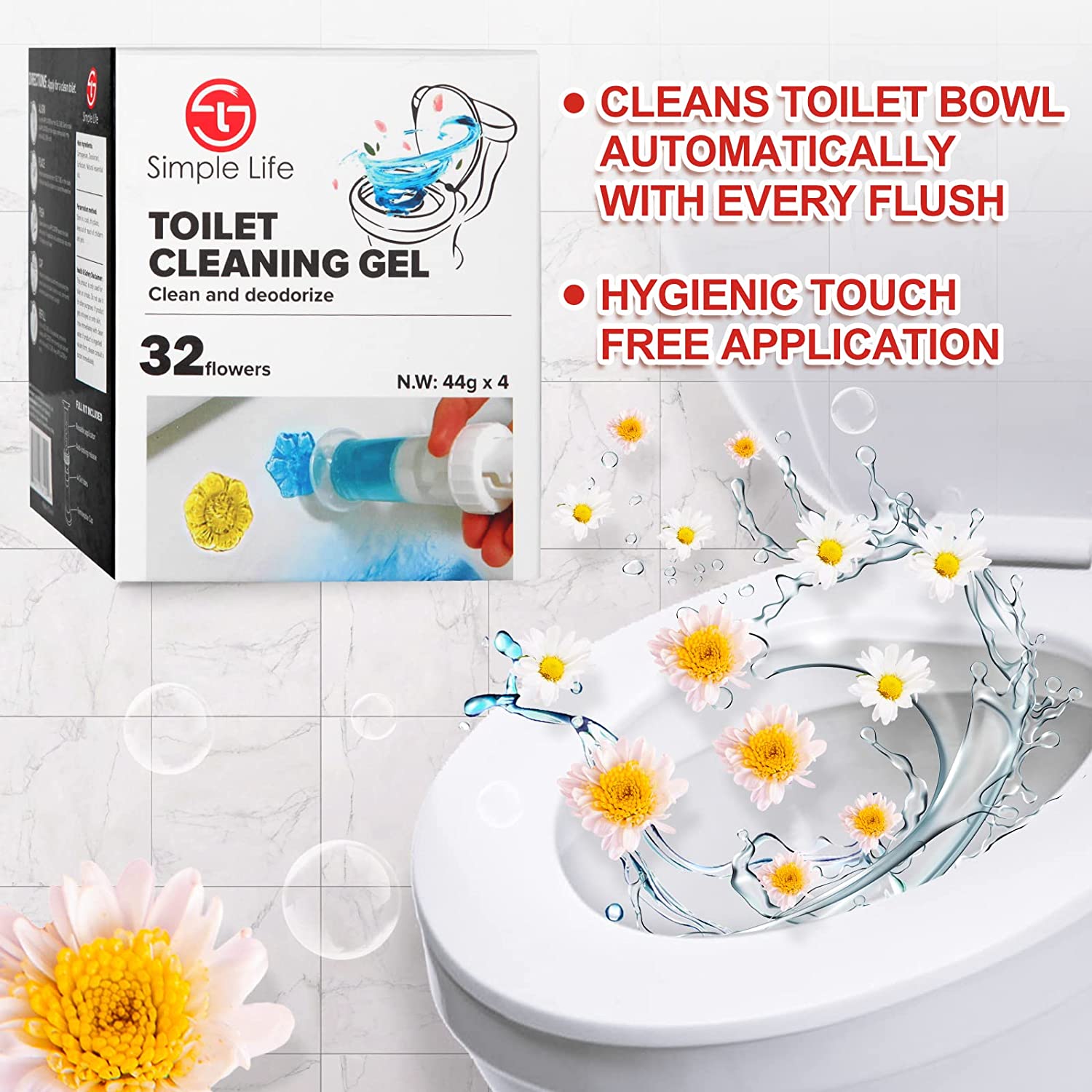 Simple Life Fresh Flower Stamp Toilettengele, Mischpackung, stoppt Kalk und Flecken mit lufterfrischendem Duft, desodorierende Reinigung, 32 Stempel, 4er-Pack