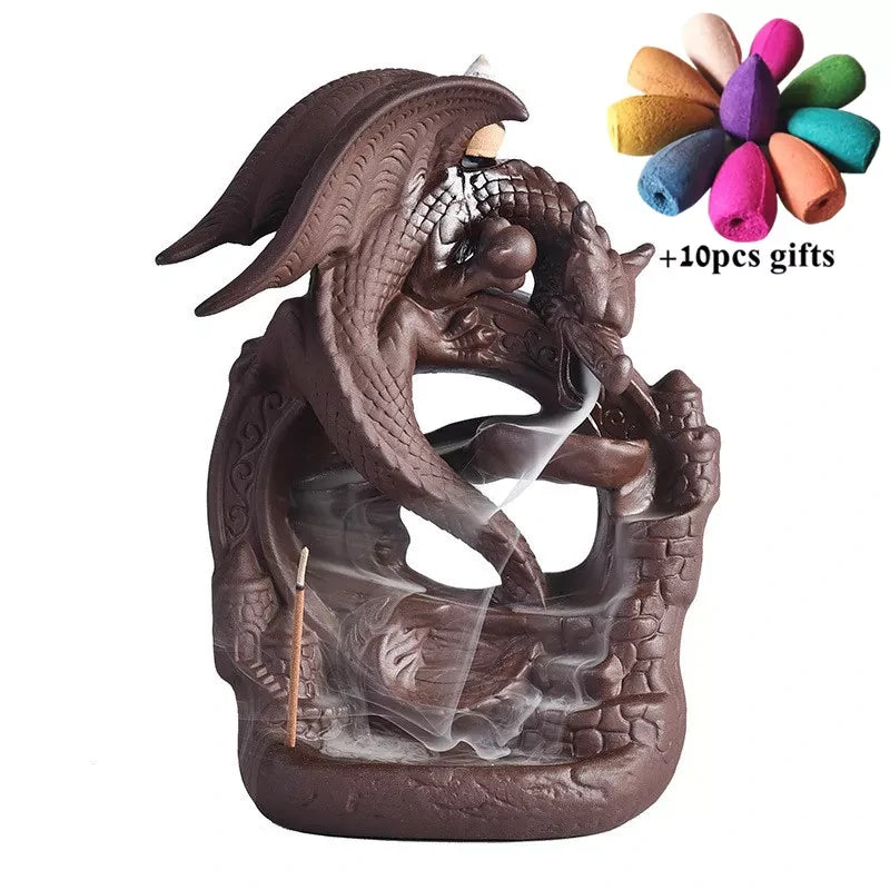 Keramik-Rückfluss-Brenner, Rauch-Wasserfall-Räuchergefäß, Drachen-Räucherstäbchenhalter, Heimdekoration + 10 Kegel