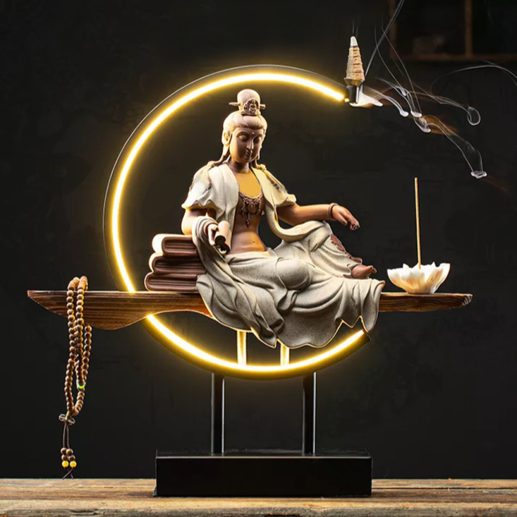 Brûleur d'encens à reflux de bouddha avec lampe, brûleur d'encens en céramique avec ornements de bouddha, brûleur d'encens Zen