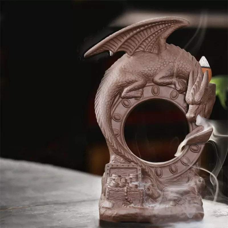 Keramik-Rückfluss-Brenner, Rauch-Wasserfall-Räuchergefäß, Drachen-Räucherstäbchenhalter, Heimdekoration + 10 Kegel