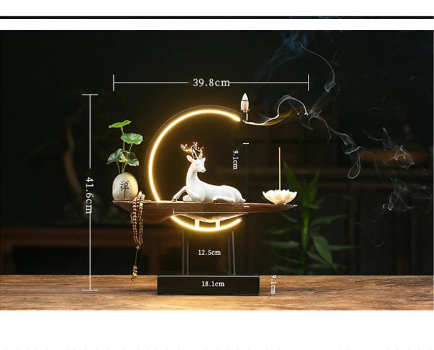 Buddhistischer Rückfluss-Weihrauchbrenner, Rauch-Wasserfall-Räuchergefäß, Buddha-Lotus, weißer Hirschhalter mit Lampenkreis, Heimdekoration