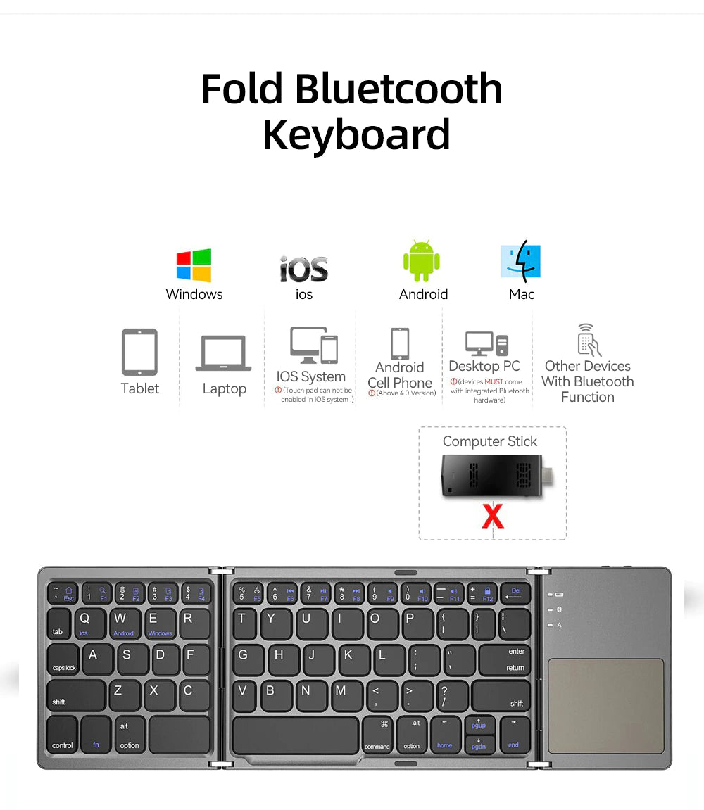 Mini claviers pliables sans fil Bluetooth 3.0, pour tablettes et téléphones Windows, Android, Ios ou Ipad (clavier et pavé tactile en un)