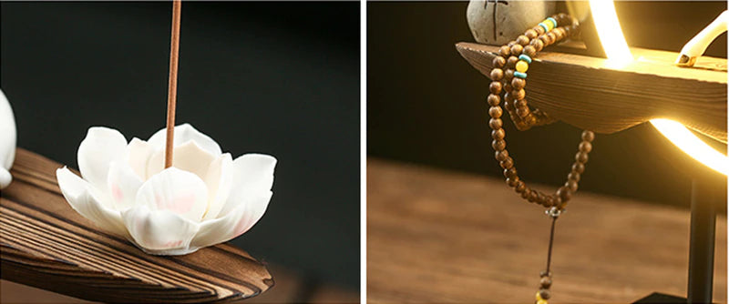 Buddhistischer Rückfluss-Weihrauchbrenner, Rauch-Wasserfall-Räuchergefäß, Buddha-Lotus, weißer Hirschhalter mit Lampenkreis, Heimdekoration