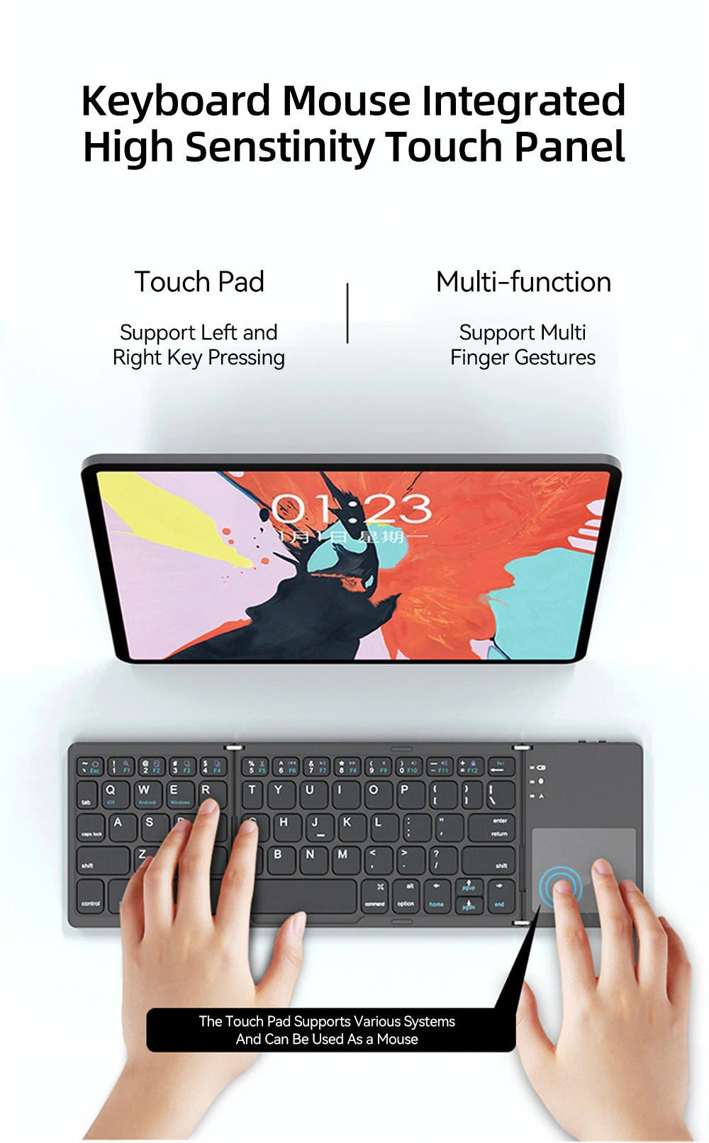 Mini claviers pliables sans fil Bluetooth 3.0, pour tablettes et téléphones Windows, Android, Ios ou Ipad (clavier et pavé tactile en un)