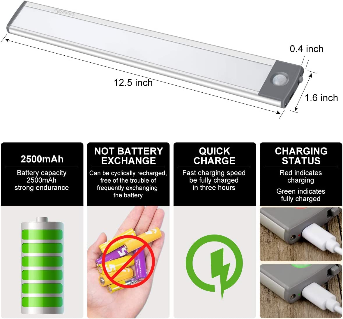 Magnetic Motion Activated Light, Wireless USB Rechargeable Lights 2 Pack