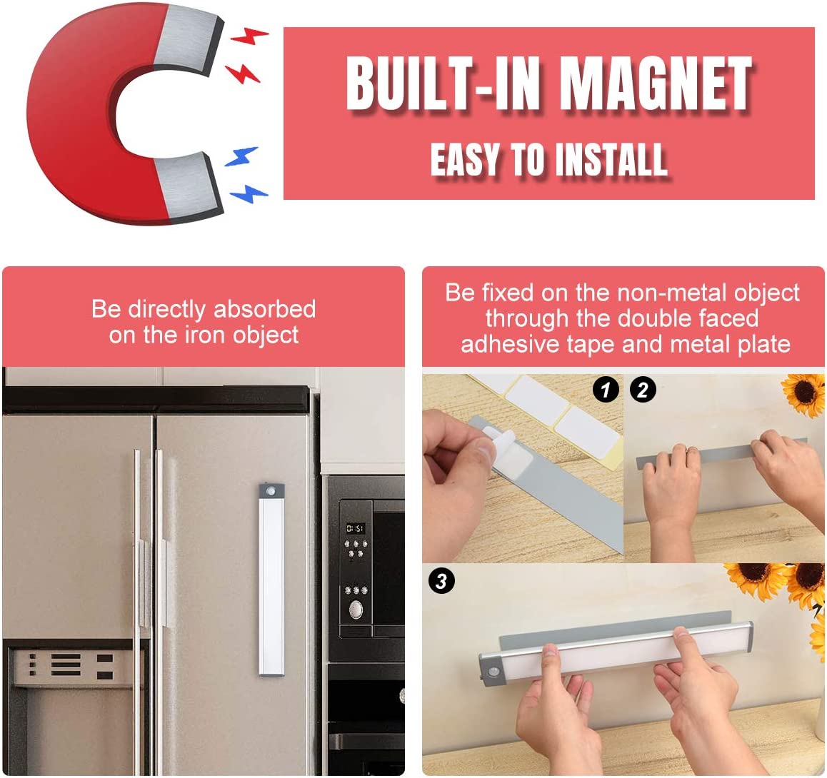 Magnetic Motion Activated Light, Wireless USB Rechargeable Lights 2 Pack