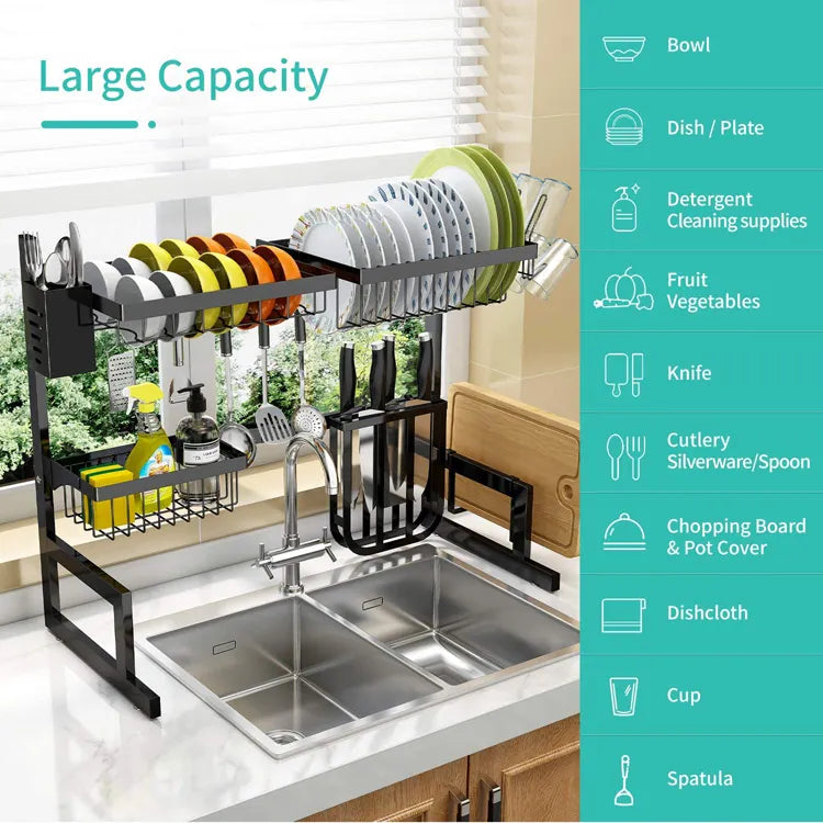 Adjustable Dish Drying Rack Over Sink 2 Tier Stainless Steel Length Expandable Kitchen Dish Rack