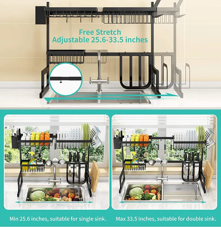 Adjustable Dish Drying Rack Over Sink 2 Tier Stainless Steel Length Expandable Kitchen Dish Rack