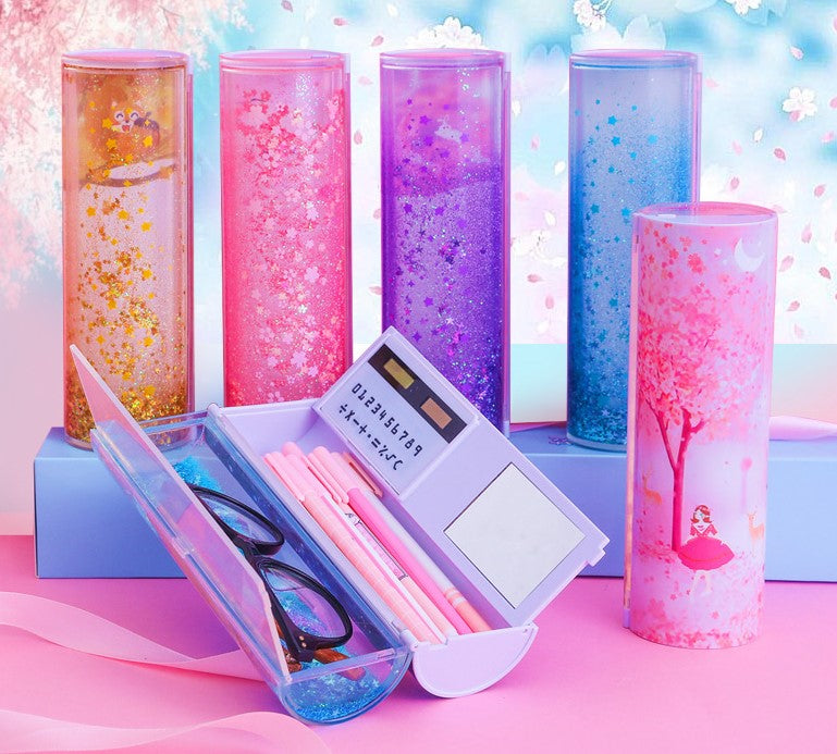 Bleistift Fall Translucent Quicksand Kawaii NBX Solar Taschenrechner Box Schule Supplie