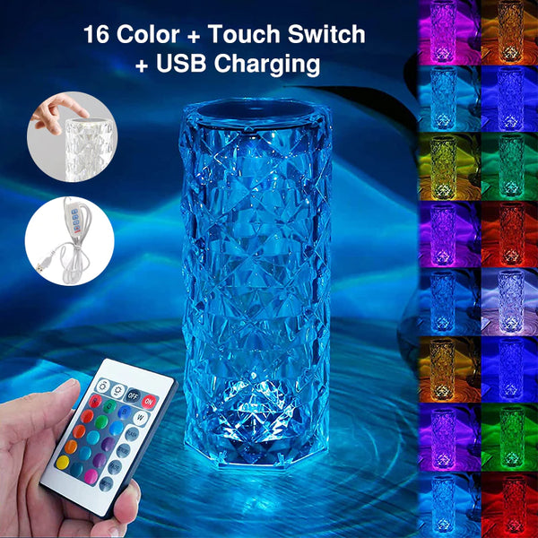 LED-Kristall-Tischlampe, Rosenlichtprojektor, 3/16 Farben, berührungsempfindlich, einstellbar, romantisches Diamant-Atmosphärenlicht, USB-Touch-Nachtlicht