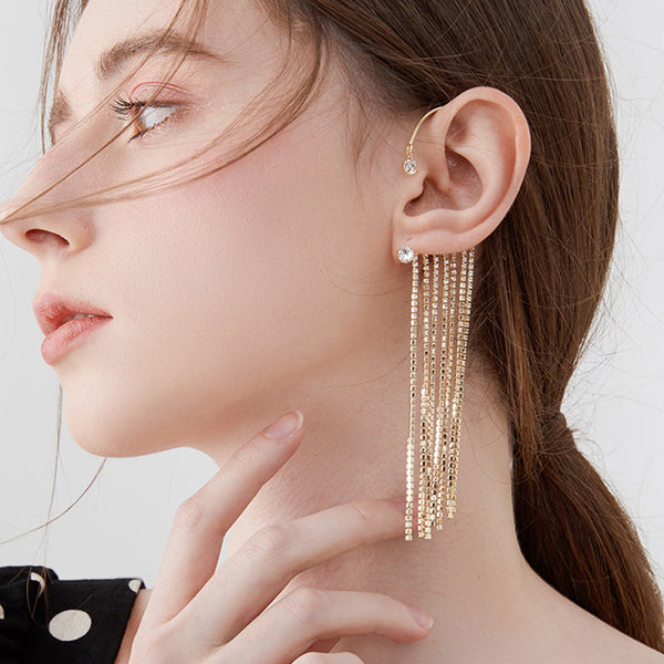 2023 Fashion Sparkling - Zirkonia-Stein-Design Funkelnde Quastenohrringe ohne Piercing für Frauen 