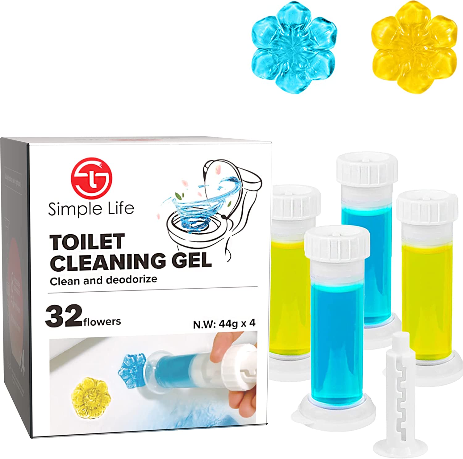 Gels de toilette Simple Life Fresh Flower Stamp, paquet varié, arrête le calcaire et les taches avec un parfum rafraîchissant, désodorisant propre, 32 tampons, paquet de 4 