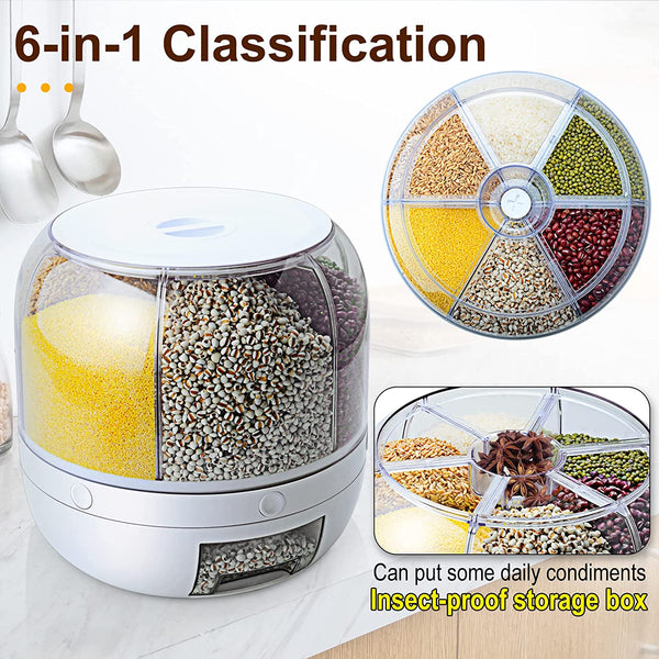 Distributeur de riz, distributeur de grains rotatif à 6 grilles de 12 lb, récipient de riz rond de sortie en un clic, distributeur de nourriture WOWFUNNY organisation de cuisine pour le riz, les haricots, les céréales, les petits aliments secs 
