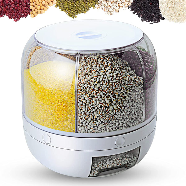 Distributeur de riz, distributeur de grains rotatif à 6 grilles de 12 lb, récipient de riz rond de sortie en un clic, distributeur de nourriture WOWFUNNY organisation de cuisine pour le riz, les haricots, les céréales, les petits aliments secs 