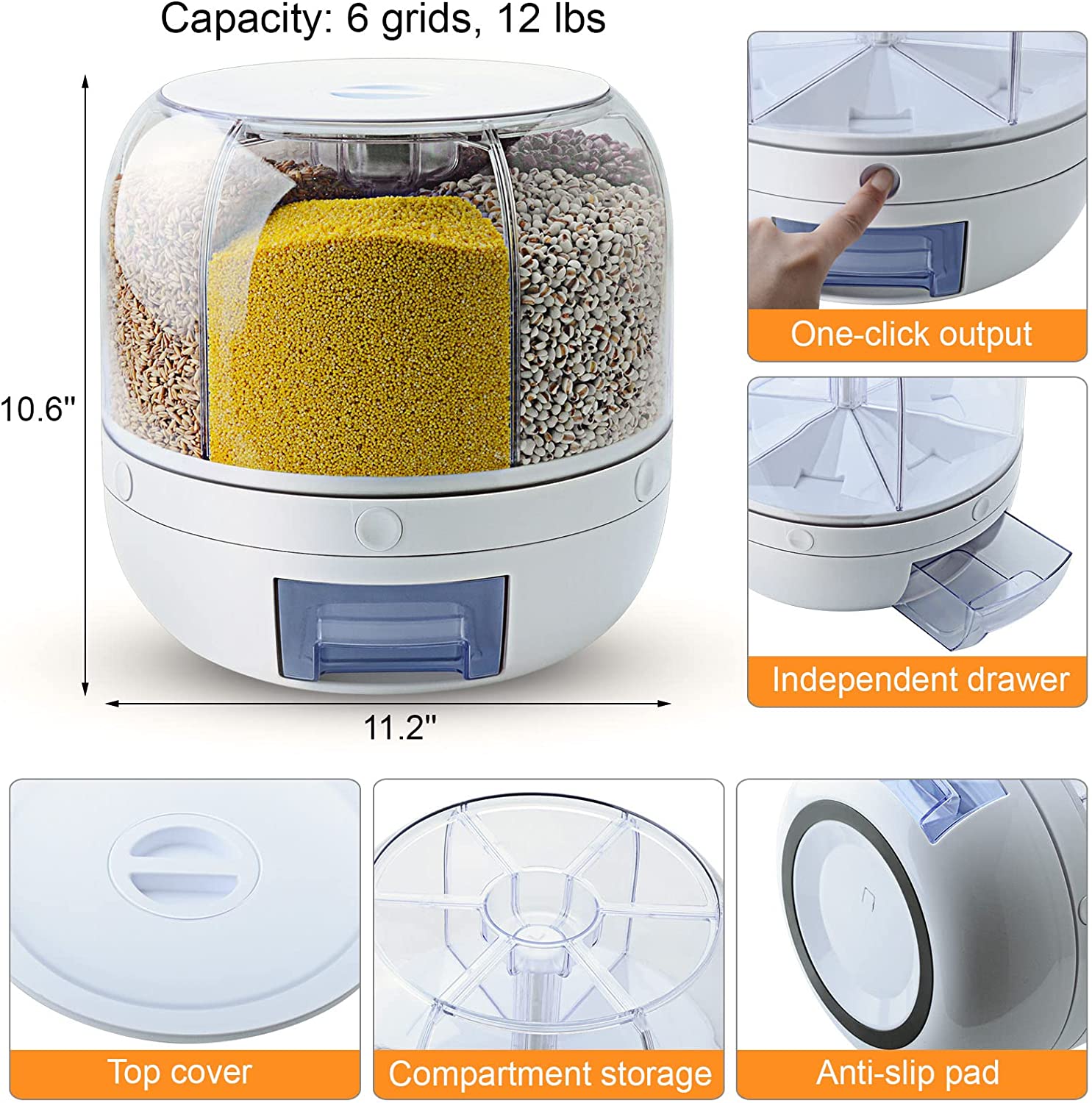 Reisspender, 6-Gitter, 12 Pfund, rotierender Getreidespender, runder Reisbehälter mit Ein-Klick-Ausgabe, WOWFUNNY-Lebensmittelspender, Küchenorganisation für Reis, Bohnen, Getreide, kleine Trockenfutter 