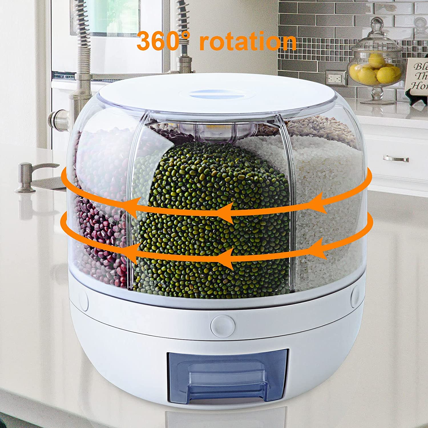 Reisspender, 6-Gitter, 12 Pfund, rotierender Getreidespender, runder Reisbehälter mit Ein-Klick-Ausgabe, WOWFUNNY-Lebensmittelspender, Küchenorganisation für Reis, Bohnen, Getreide, kleine Trockenfutter 