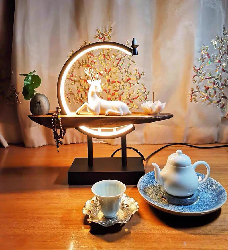 Buddhistischer Rückfluss-Weihrauchbrenner, Rauch-Wasserfall-Räuchergefäß, Buddha-Lotus, weißer Hirschhalter mit Lampenkreis, Heimdekoration