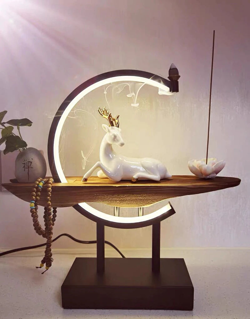 Buddhistischer Rückfluss-Weihrauchbrenner, Rauch-Wasserfall-Räuchergefäß, Buddha-Lotus, weißer Hirschhalter mit Lampenkreis, Heimdekoration