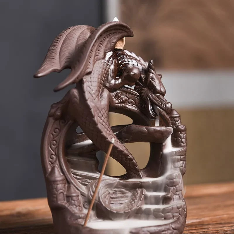 Ceramic Backflow Burner Smoke Waterfall Censer Dragon Incense Stick Holder Home Decor + 10pcs Cones