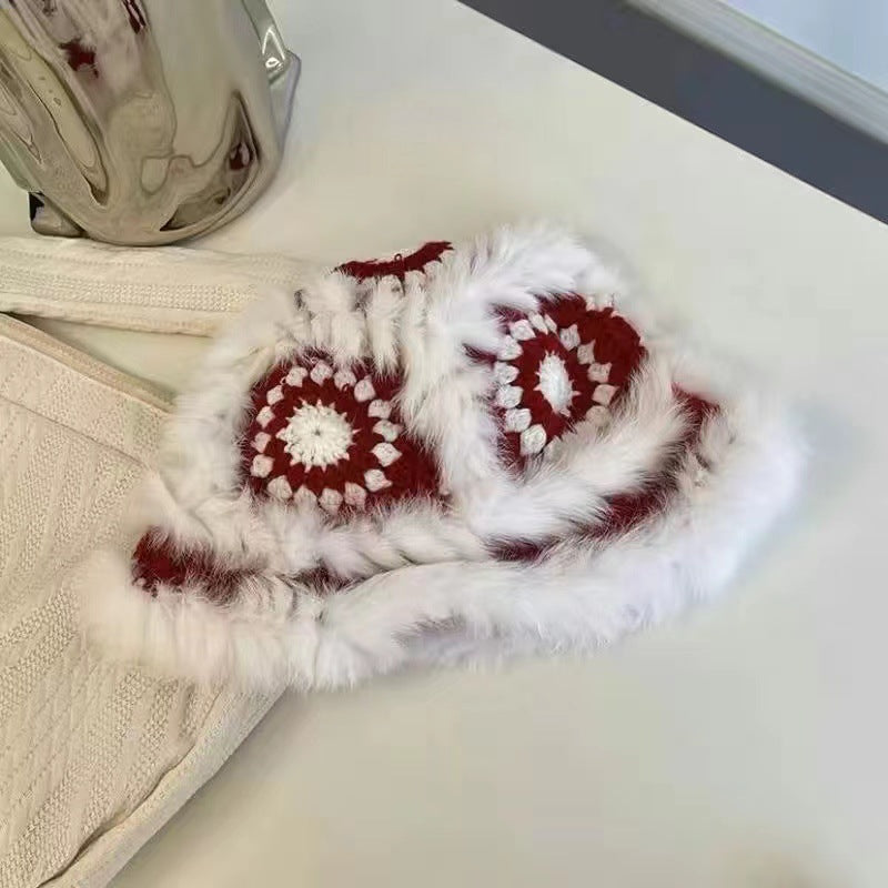 Bonnets tricotés en fourrure rétro de lapin du Japon, faits à la main