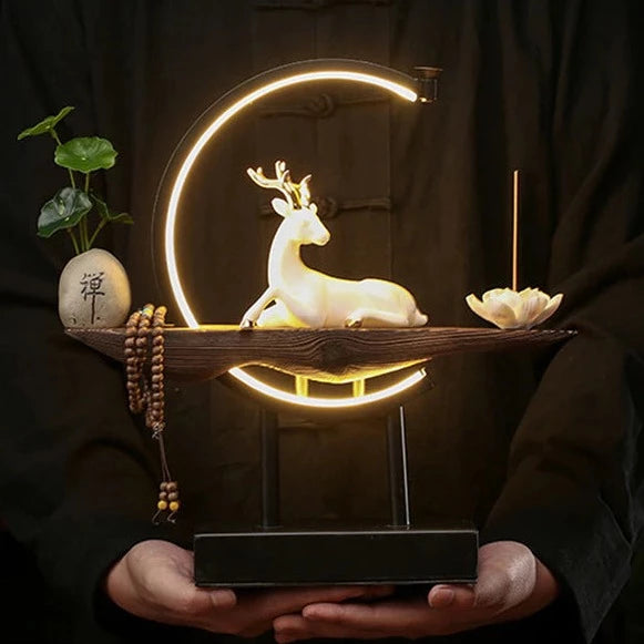 Buddhist Backflow Incense Burner Smoke Waterfall Censer Buddha Lotus White Deer Holder With Lamp Circle Home Decoration