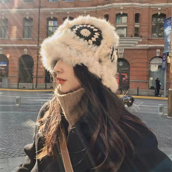 Japan Kaninchen Retro Handgemachte Pelz Gestrickte Beanies