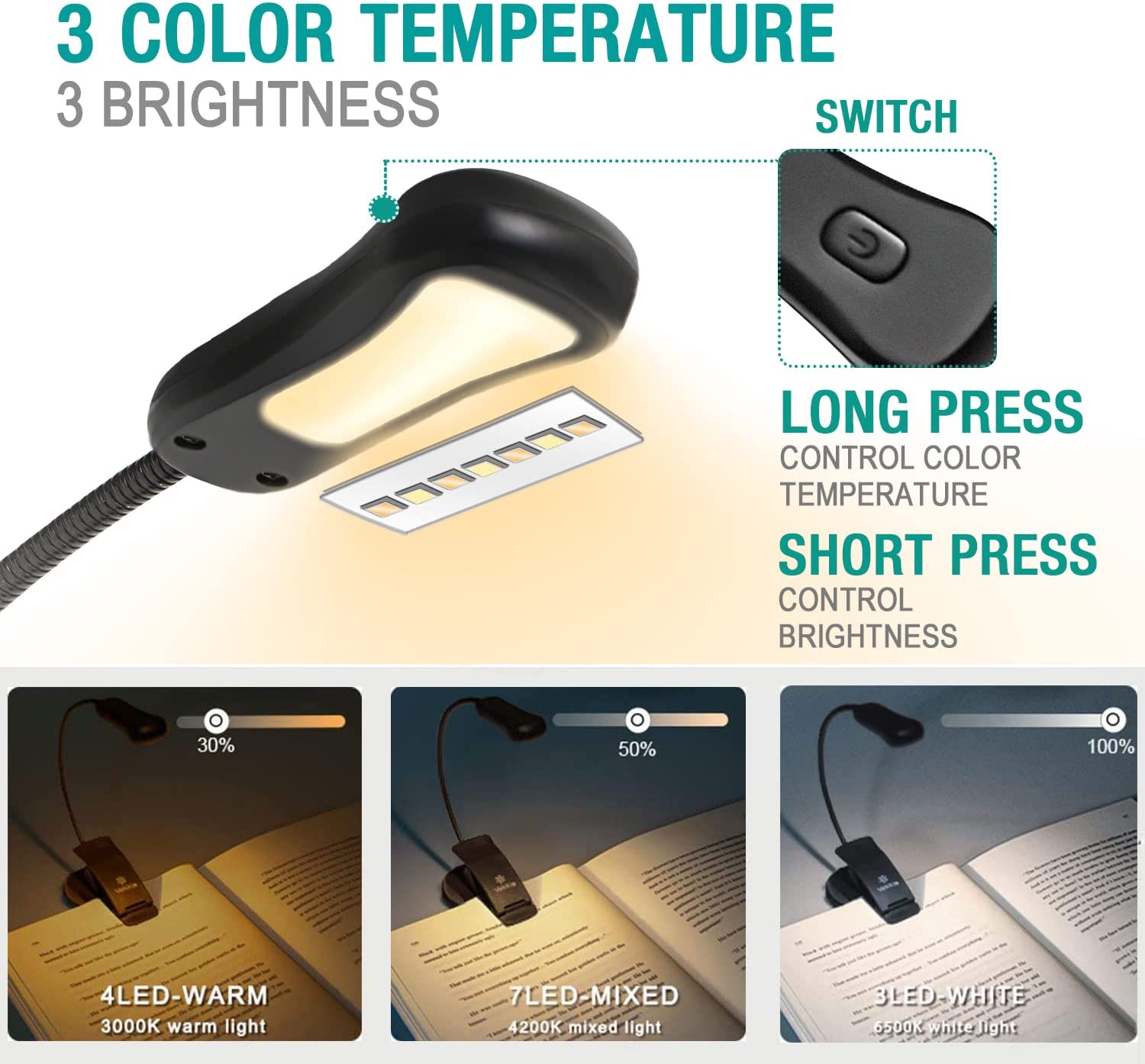 Rechargeable Book Reading Lights in with 3 Colors and 9 Brightness